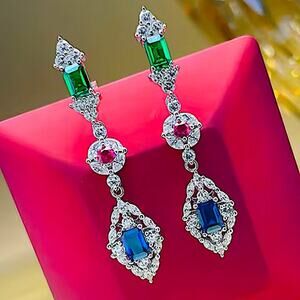 Zircon Sapphire Emerald Pink Dangle Earrings Wedding Anniversary Bridal